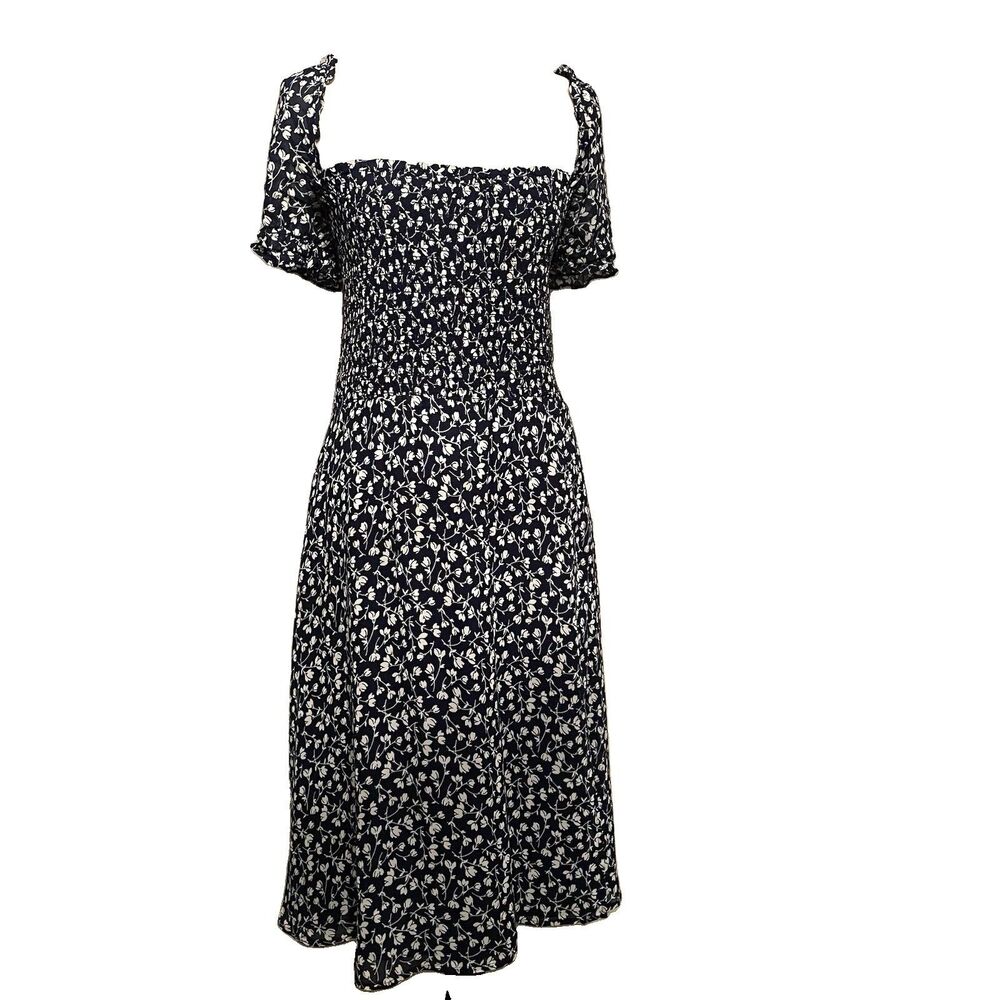 Reformation Meadow Navy Blue Floral Smocked Midi Dress Slit L XL Cottagecore